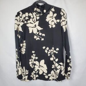 Chicos Womens Mock Neck Blouse Sz 1 (M) Long Sleeve Black White Floral *See Desc